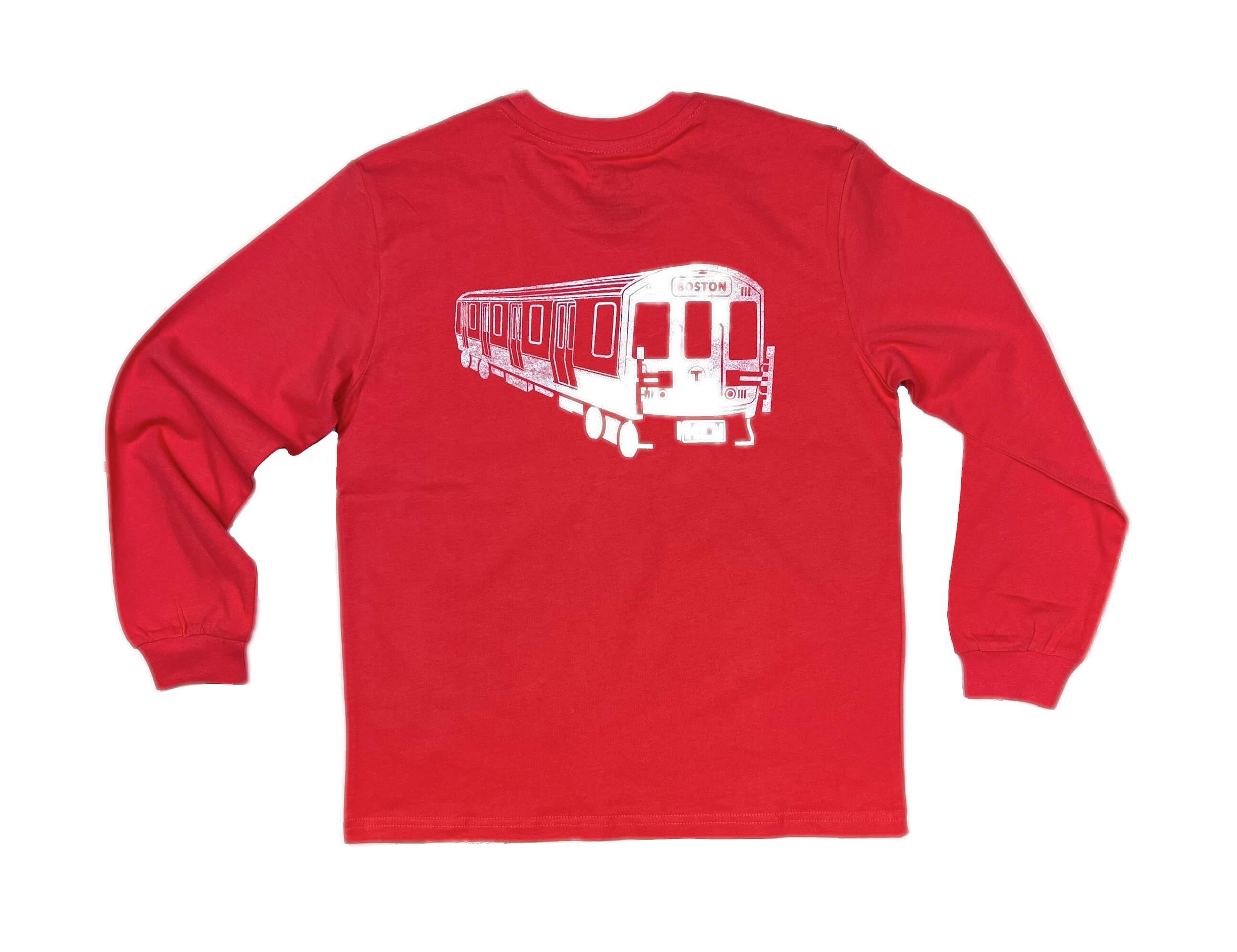 Youth size red long sleeve cotton t-shirt with Boston MBTA Red Line subway train on the back